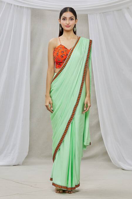 Shop_Ankur J_Blue Saree Modal Satin Blouse Cotton Silk Pre-draped And Jacket Set_Online_at_Aza_Fashions