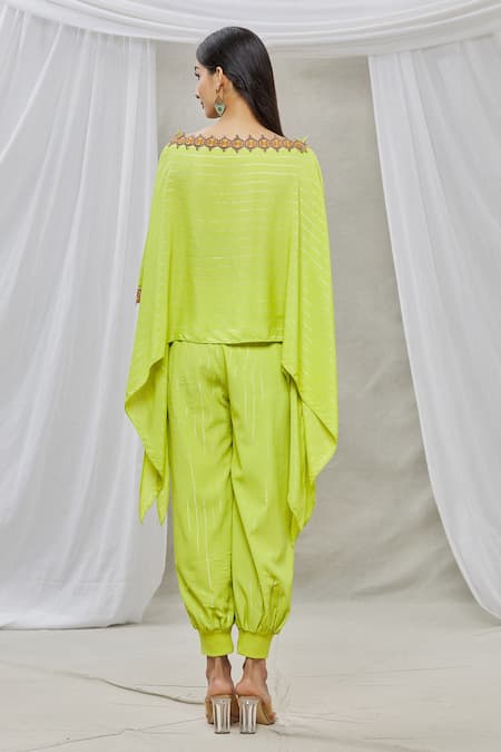 Shop Ankur J Green Lurex Crepe Embroidery Sequins Boat Neck Kaftan And Joggers Set at Aza Fashions Shop_Ankur J_Green Lurex Crepe Embroidery Sequins Boat Neck Kaftan And Joggers Set _at_Aza_Fashions