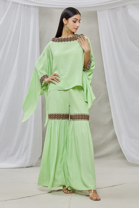 Ankur J Green Lurex Crepe Bead Work, Sequins Boat Neck Asymmetric Kaftan And Gharara Set 