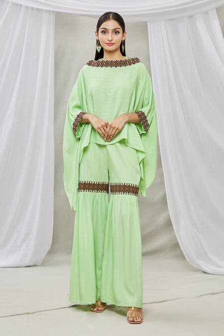 Ankur J Green Lurex Crepe Bead Work, Sequins Boat Neck Asymmetric Kaftan And Gharara Set Online at Aza Fashions Ankur J_Green Lurex Crepe Bead Work, Sequins Boat Neck Asymmetric Kaftan And Gharara Set _Online_at_Aza_Fashions