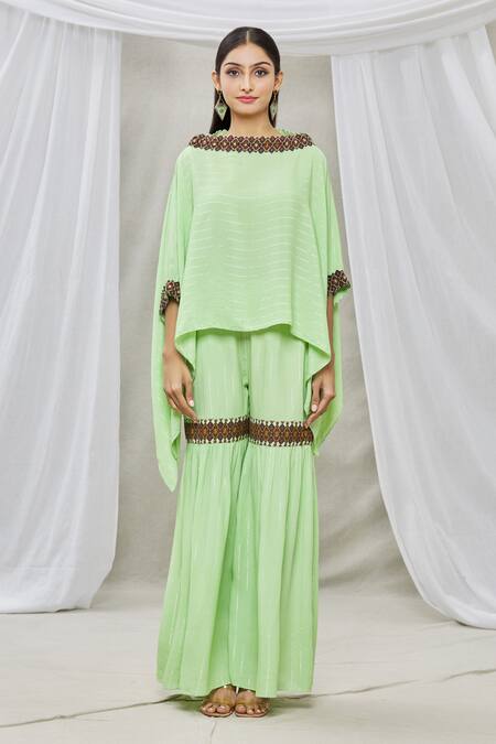 Buy Ankur J Green Lurex Crepe Bead Work, Sequins Boat Neck Asymmetric Kaftan And Gharara Set Online at Aza Fashions Buy_Ankur J_Green Lurex Crepe Bead Work, Sequins Boat Neck Asymmetric Kaftan And Gharara Set _Online_at_Aza_Fashions