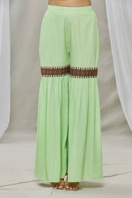 Shop Ankur J Green Lurex Crepe Bead Work, Sequins Boat Neck Asymmetric Kaftan And Gharara Set Online at Aza Fashions Shop_Ankur J_Green Lurex Crepe Bead Work, Sequins Boat Neck Asymmetric Kaftan And Gharara Set _Online_at_Aza_Fashions