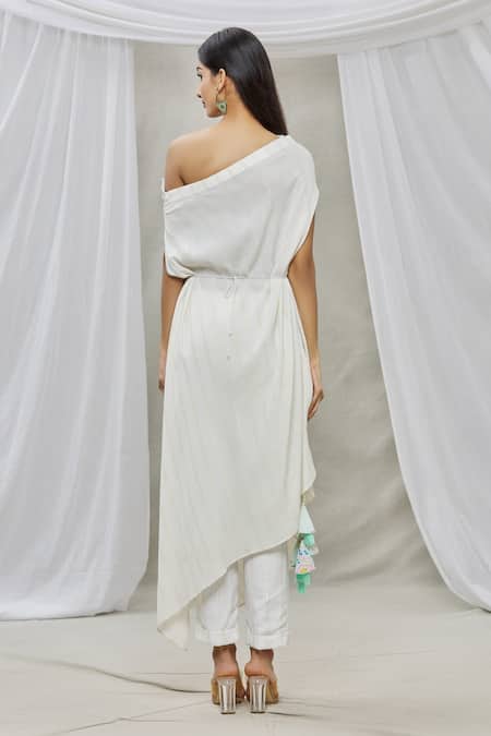 Shop Ankur J White Lurex Crepe Bead Work, Sequins One Shoulder Isdus Draped Cape And Pant Set at Aza Fashions Shop_Ankur J_White Lurex Crepe Bead Work, Sequins One Shoulder Isdus Draped Cape And Pant Set _at_Aza_Fashions