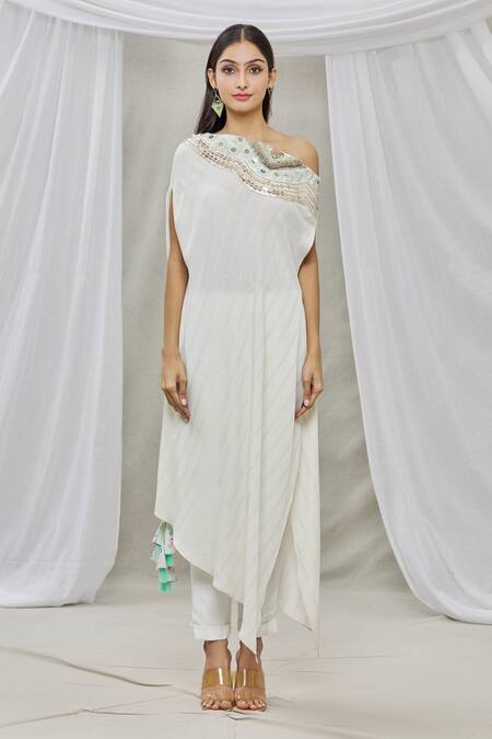 Ankur J White Lurex Crepe Bead Work, Sequins One Shoulder Isdus Draped Cape And Pant Set Online at Aza Fashions Ankur J_White Lurex Crepe Bead Work, Sequins One Shoulder Isdus Draped Cape And Pant Set _Online_at_Aza_Fashions