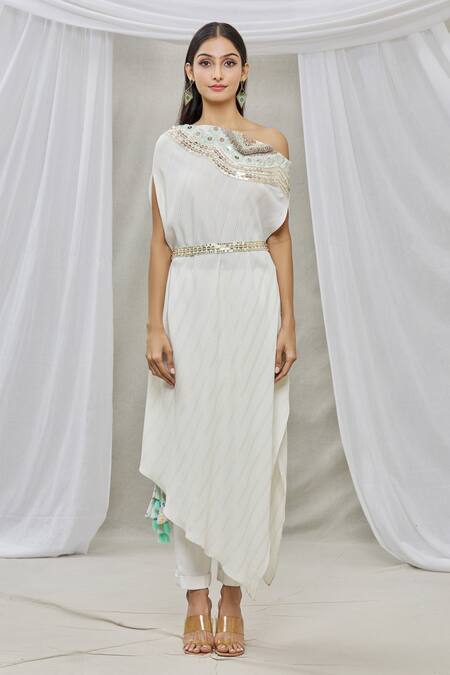 Buy Ankur J White Lurex Crepe Bead Work, Sequins One Shoulder Isdus Draped Cape And Pant Set Online at Aza Fashions Buy_Ankur J_White Lurex Crepe Bead Work, Sequins One Shoulder Isdus Draped Cape And Pant Set _Online_at_Aza_Fashions
