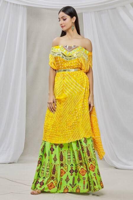 Ankur J_Yellow Cotton Silk Bead Work, Sequins One Isdus Embroidered Cape And Lehenga Set_Online_at_Aza_Fashions