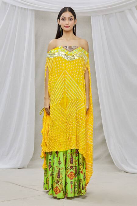 Buy_Ankur J_Yellow Cotton Silk Bead Work, Sequins One Isdus Embroidered Cape And Lehenga Set_Online_at_Aza_Fashions