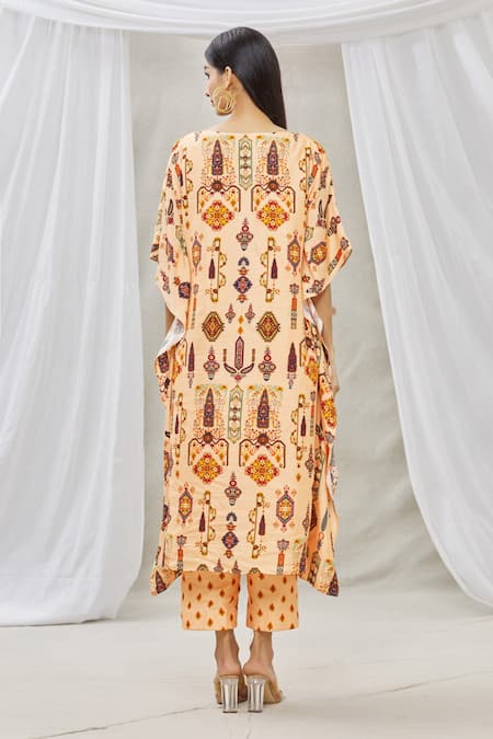 Shop Ankur J Peach Cotton Silk Embroidery Sequins V Neck Embellished Kaftan With Pant at Aza Fashions Shop_Ankur J_Peach Cotton Silk Embroidery Sequins V Neck Embellished Kaftan With Pant _at_Aza_Fashions