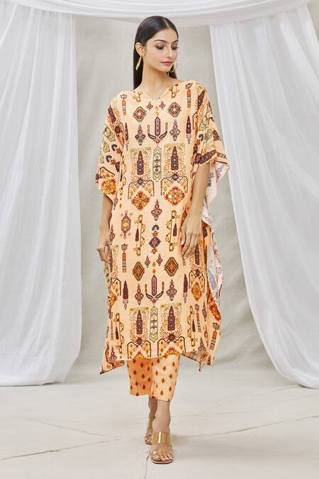 Ankur J Peach Cotton Silk Embroidery Sequins V Neck Embellished Kaftan With Pant Online at Aza Fashions Ankur J_Peach Cotton Silk Embroidery Sequins V Neck Embellished Kaftan With Pant _Online_at_Aza_Fashions