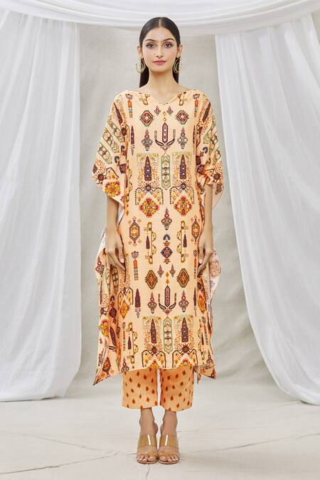 Buy Ankur J Peach Cotton Silk Embroidery Sequins V Neck Embellished Kaftan With Pant Online at Aza Fashions Buy_Ankur J_Peach Cotton Silk Embroidery Sequins V Neck Embellished Kaftan With Pant _Online_at_Aza_Fashions