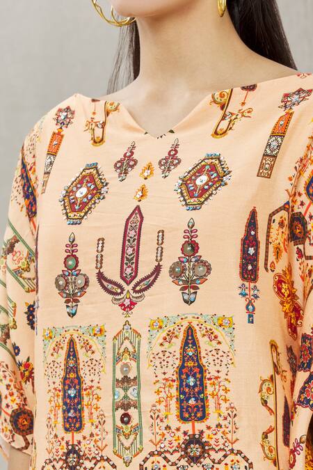 Ankur J Peach Cotton Silk Embroidery Sequins V Neck Embellished Kaftan With Pant at Aza Fashions Ankur J_Peach Cotton Silk Embroidery Sequins V Neck Embellished Kaftan With Pant _at_Aza_Fashions