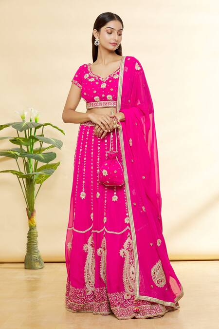Rohini Bedi_Pink Sequin, Hand Zardozi Leaf Neck Embroidered Lehenga Set _Online_at_Aza_Fashions