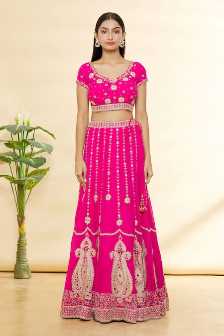 Buy_Rohini Bedi_Pink Sequin, Hand Zardozi Leaf Neck Embroidered Lehenga Set _Online_at_Aza_Fashions