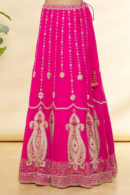 Shop_Rohini Bedi_Pink Sequin, Hand Zardozi Leaf Neck Embroidered Lehenga Set _Online_at_Aza_Fashions