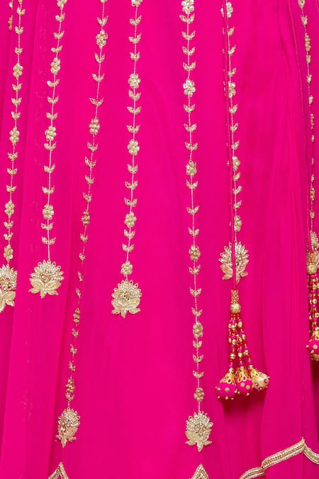 Rohini Bedi_Pink Sequin, Hand Zardozi Leaf Neck Embroidered Lehenga Set _at_Aza_Fashions