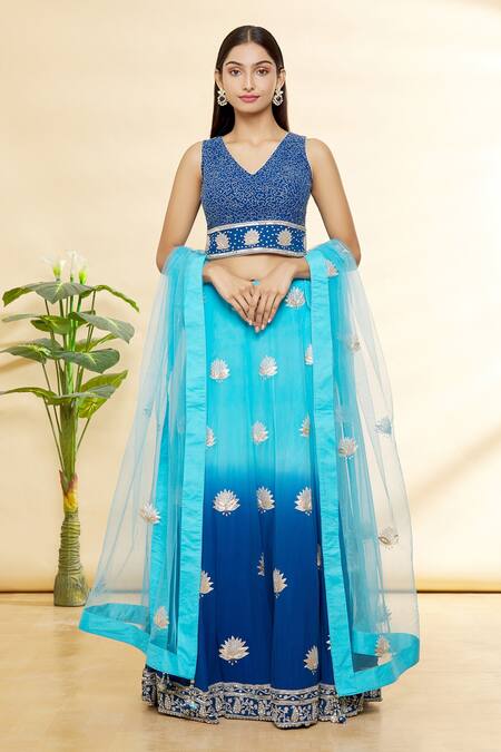 Rohini Bedi Blue Silk, Georgette Applique And Hand Work V Neck Embroidered Lehenga Set Online at Aza Fashions Rohini Bedi_Blue Silk, Georgette Applique And Hand Work V Neck Embroidered Lehenga Set _Online_at_Aza_Fashions