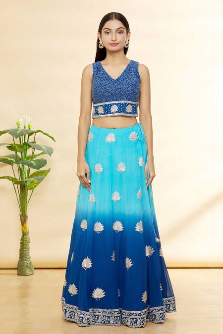 Buy Rohini Bedi Blue Silk, Georgette Applique And Hand Work V Neck Embroidered Lehenga Set Online at Aza Fashions Buy_Rohini Bedi_Blue Silk, Georgette Applique And Hand Work V Neck Embroidered Lehenga Set _Online_at_Aza_Fashions