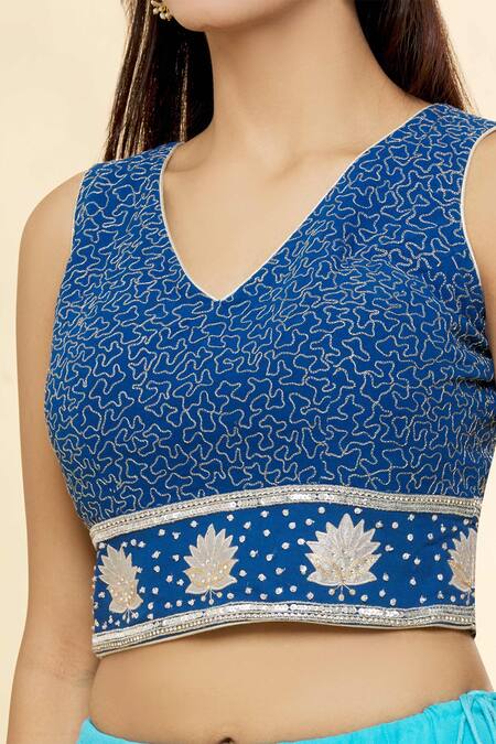 Rohini Bedi Blue Silk, Georgette Applique And Hand Work V Neck Embroidered Lehenga Set at Aza Fashions Rohini Bedi_Blue Silk, Georgette Applique And Hand Work V Neck Embroidered Lehenga Set _at_Aza_Fashions