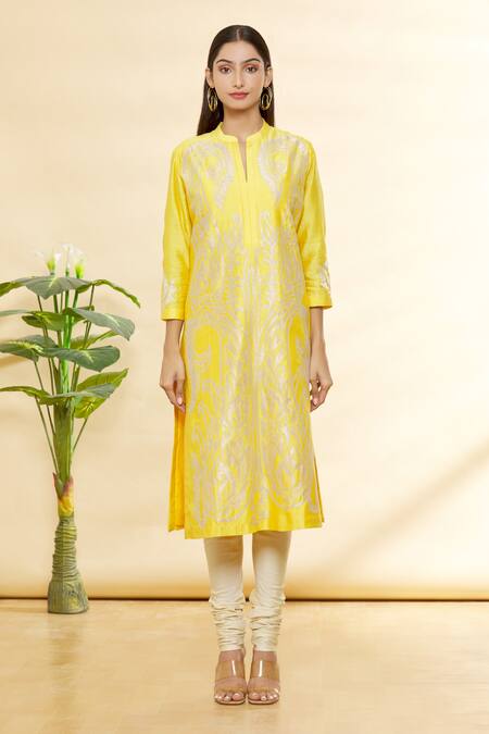 Buy_Rohini Bedi_Yellow Chanderi Applique And Hand Work Notched Embroidered Kurta Set _Online_at_Aza_Fashions