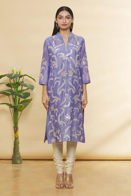 Buy_Rohini Bedi_Purple Chanderi Applique And Hand Work Notched Embroidered Kurta Set _Online_at_Aza_Fashions