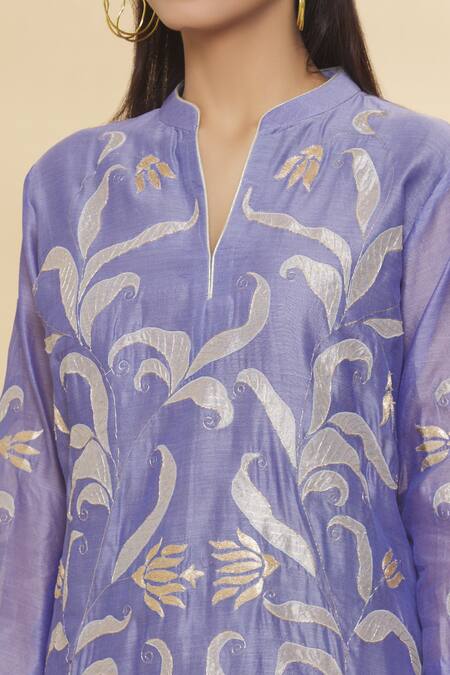 Rohini Bedi_Purple Chanderi Applique And Hand Work Notched Embroidered Kurta Set _at_Aza_Fashions