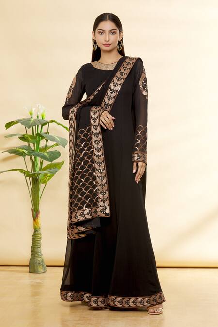 Rohini Bedi_Black Silk Applique And Hand Work Round Anarkali Set _Online_at_Aza_Fashions