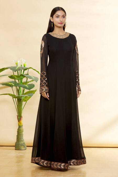 Buy_Rohini Bedi_Black Silk Applique And Hand Work Round Anarkali Set _Online_at_Aza_Fashions