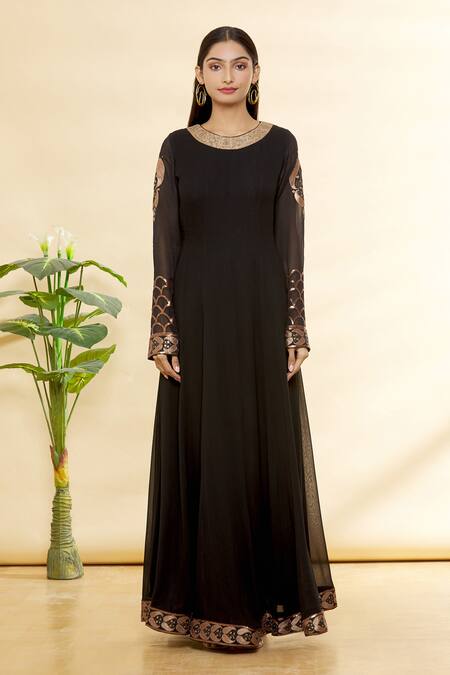 Shop_Rohini Bedi_Black Silk Applique And Hand Work Round Anarkali Set _Online_at_Aza_Fashions