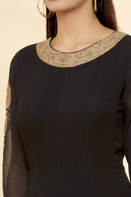 Rohini Bedi_Black Silk Applique And Hand Work Round Anarkali Set _at_Aza_Fashions