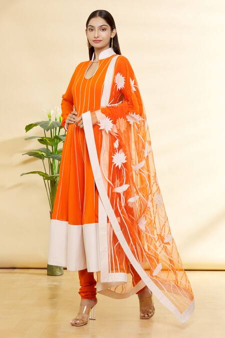 Rohini Bedi Orange Georgette Applique Work Band Embroidered Anarkali Set Online at Aza Fashions Rohini Bedi_Orange Georgette Applique Work Band Embroidered Anarkali Set _Online_at_Aza_Fashions