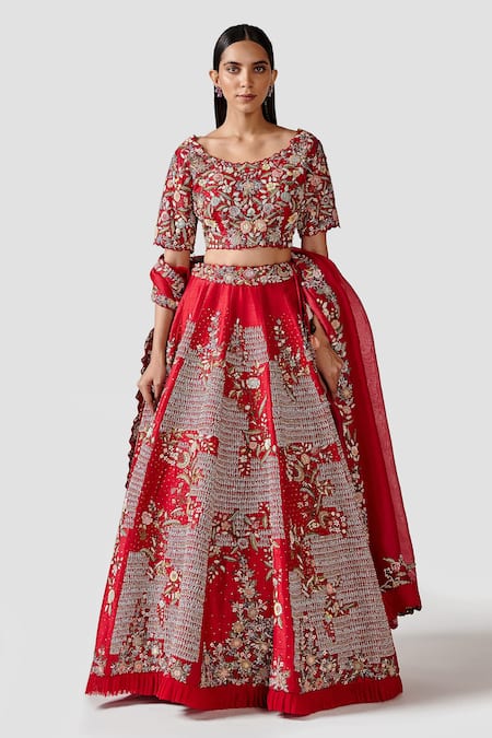 Swati Narula Red Lehenga And Blouse Raw Silk Hand Embroidered Gul Bridal Set  