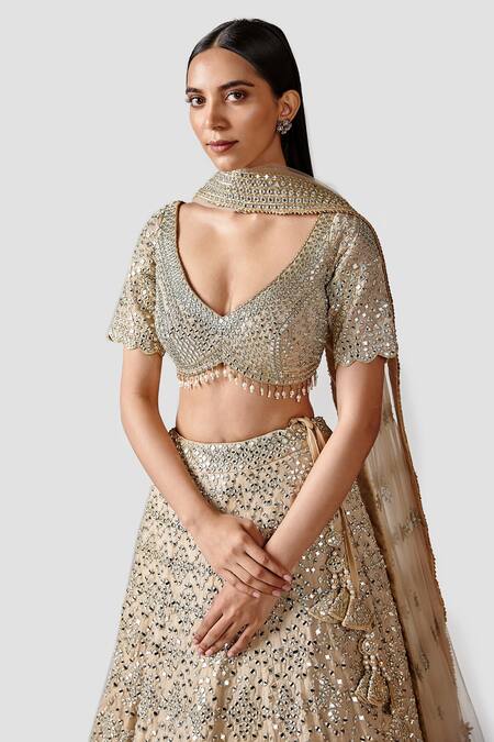 Buy_Swati Narula_Gold Dupatta Net, Lehenga And Blouse Tissue Mirror Heer Embroidered Bridal Set _Online_at_Aza_Fashions