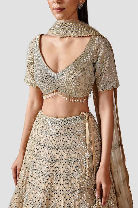 Shop_Swati Narula_Gold Dupatta Net, Lehenga And Blouse Tissue Mirror Heer Embroidered Bridal Set _Online_at_Aza_Fashions