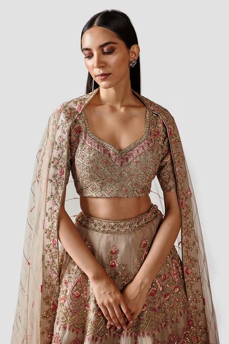Buy_Swati Narula_Beige Dupatta Net, Lehenga And Blouse Gulzar Hand Embroidered Bridal Set _Online_at_Aza_Fashions