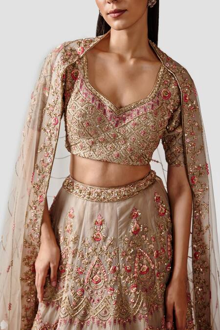 Shop_Swati Narula_Beige Dupatta Net, Lehenga And Blouse Gulzar Hand Embroidered Bridal Set _Online_at_Aza_Fashions