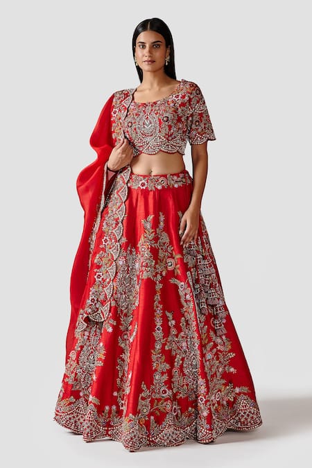 Swati Narula Red Lehenga And Blouse Raw Silk Hand Embroidered Kaameh Bridal Set  