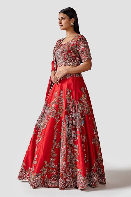 Swati Narula_Red Dupatta Organza, Lehenga And Blouse Raw Silk Kaameh Embroidered Bridal Set _Online_at_Aza_Fashions