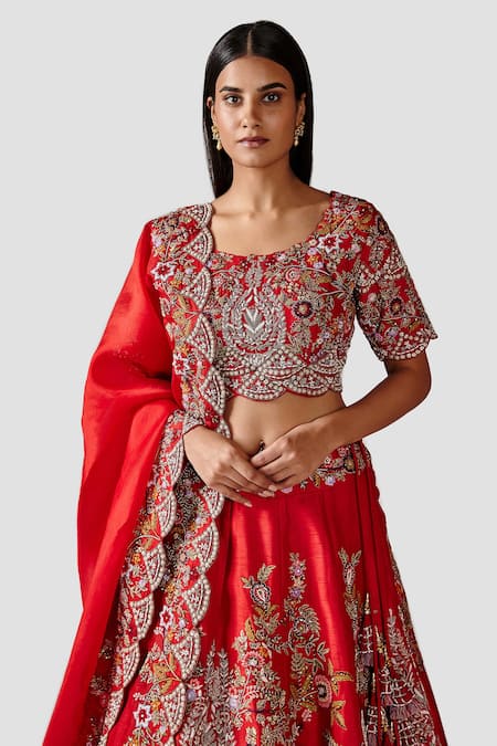 Buy_Swati Narula_Red Dupatta Organza, Lehenga And Blouse Raw Silk Kaameh Embroidered Bridal Set _Online_at_Aza_Fashions