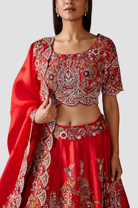 Shop_Swati Narula_Red Dupatta Organza, Lehenga And Blouse Raw Silk Kaameh Embroidered Bridal Set _Online_at_Aza_Fashions