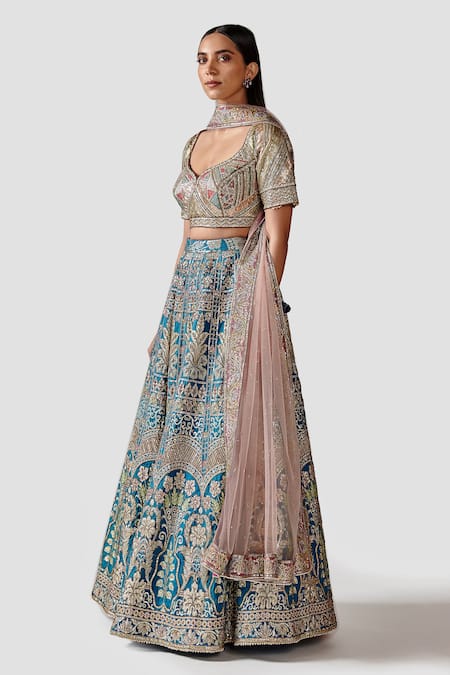 Buy_Swati Narula_Blue Blouse , Dupatta Net, Lehenga Banarasi Laela Bridal Set _Online_at_Aza_Fashions