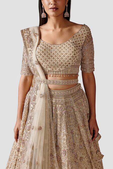 Shop_Swati Narula_Ivory Dupatta Net, Lehenga And Blouse Mehr Hand Embroidered Bridal Set _Online_at_Aza_Fashions