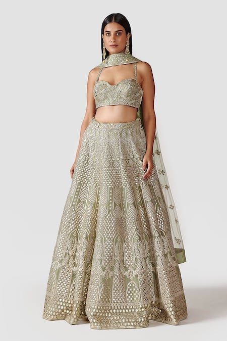 Swati Narula Green Dupatta Net, Lehenga And Blouse Organza Leather Azar Bridal Set