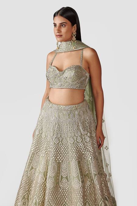 Shop Swati Narula Green Dupatta Net, Lehenga And Blouse Organza Leather Azar Bridal Set Online at Aza Fashions Shop_Swati Narula_Green Dupatta Net, Lehenga And Blouse Organza Leather Azar Bridal Set _Online_at_Aza_Fashions