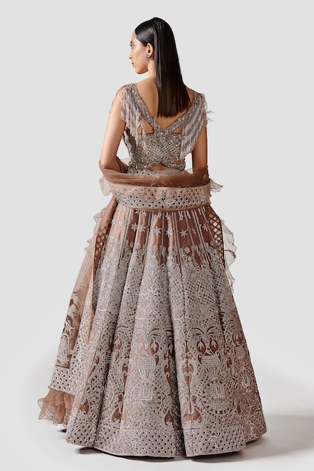 Shop Swati Narula Brown Dupatta Net, Lehenga And Blouse Organza Dariya Hand Embroidered Set at Aza Fashions Shop_Swati Narula_Brown Dupatta Net, Lehenga And Blouse Organza Dariya Hand Embroidered Set _at_Aza_Fashions