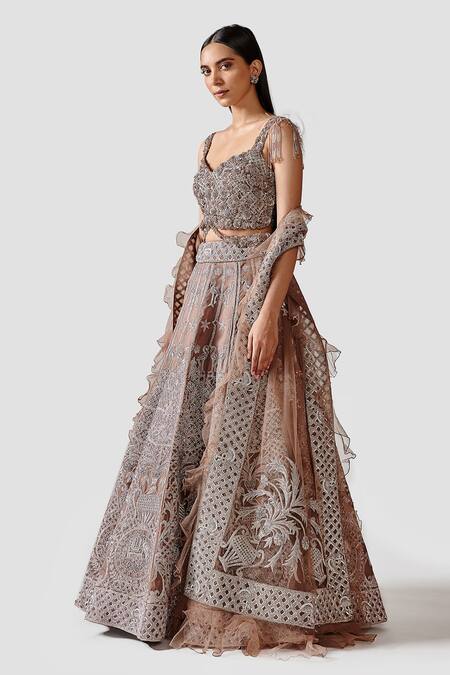 Swati Narula Brown Dupatta Net, Lehenga And Blouse Organza Dariya Hand Embroidered Set Online at Aza Fashions Swati Narula_Brown Dupatta Net, Lehenga And Blouse Organza Dariya Hand Embroidered Set _Online_at_Aza_Fashions