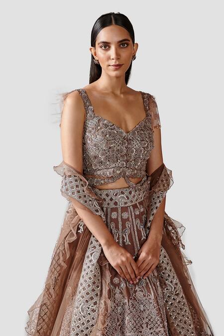 Buy Swati Narula Brown Dupatta Net, Lehenga And Blouse Organza Dariya Hand Embroidered Set Online at Aza Fashions Buy_Swati Narula_Brown Dupatta Net, Lehenga And Blouse Organza Dariya Hand Embroidered Set _Online_at_Aza_Fashions