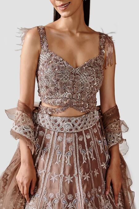 Shop Swati Narula Brown Dupatta Net, Lehenga And Blouse Organza Dariya Hand Embroidered Set Online at Aza Fashions Shop_Swati Narula_Brown Dupatta Net, Lehenga And Blouse Organza Dariya Hand Embroidered Set _Online_at_Aza_Fashions