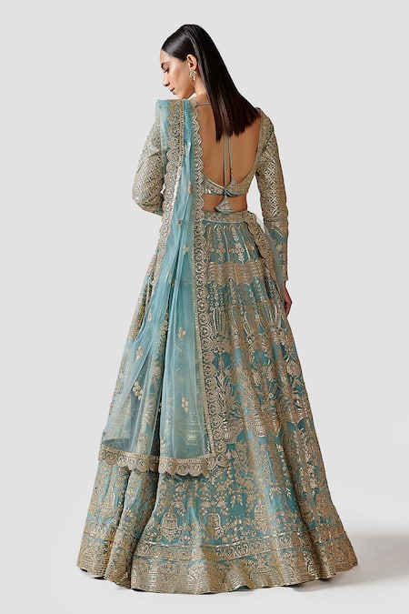 Shop Swati Narula Blue Dupatta Net, Lehenga And Blouse Organza Leather Cora Bridal Set at Aza Fashions Shop_Swati Narula_Blue Dupatta Net, Lehenga And Blouse Organza Leather Cora Bridal Set _at_Aza_Fashions