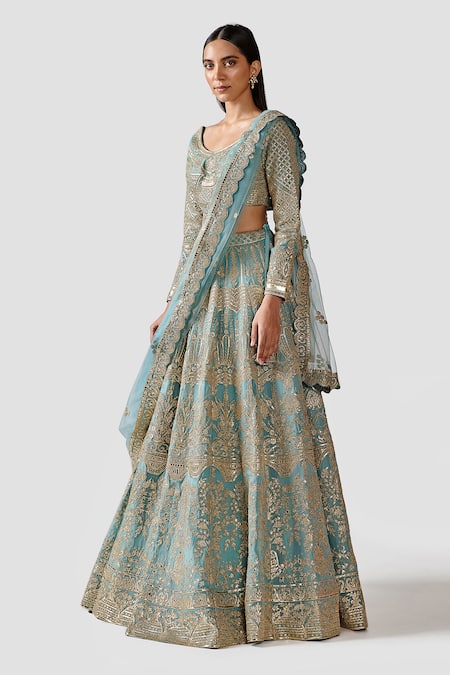 Swati Narula Blue Dupatta Net, Lehenga And Blouse Organza Leather Cora Bridal Set Online at Aza Fashions Swati Narula_Blue Dupatta Net, Lehenga And Blouse Organza Leather Cora Bridal Set _Online_at_Aza_Fashions