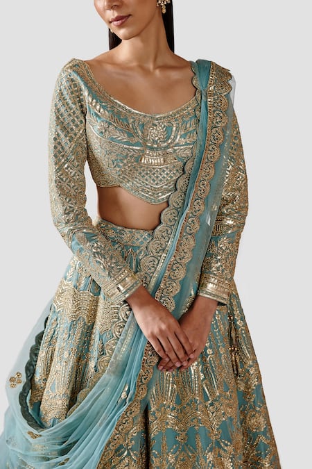 Shop Swati Narula Blue Dupatta Net, Lehenga And Blouse Organza Leather Cora Bridal Set Online at Aza Fashions Shop_Swati Narula_Blue Dupatta Net, Lehenga And Blouse Organza Leather Cora Bridal Set _Online_at_Aza_Fashions